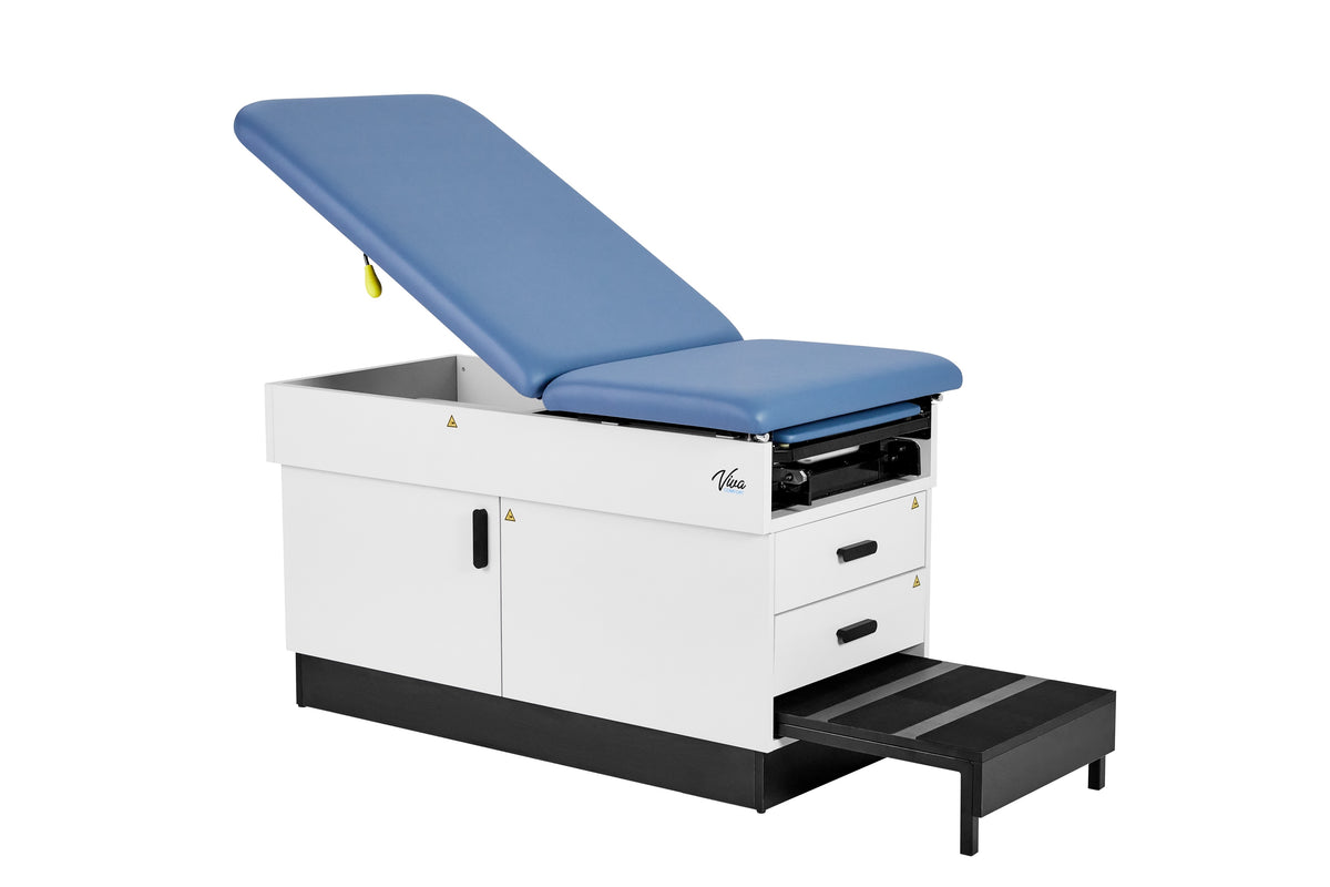 VivaComfort Slimline Exam Table Base with Leg Rest, Step Stool, and 2 Drawers, 420 lb Capacity, Blue