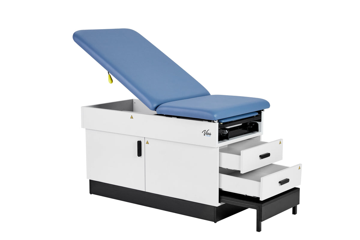 VivaComfort Slimline Exam Table Base with Leg Rest, Step Stool, and 2 Drawers, 420 lb Capacity, Blue