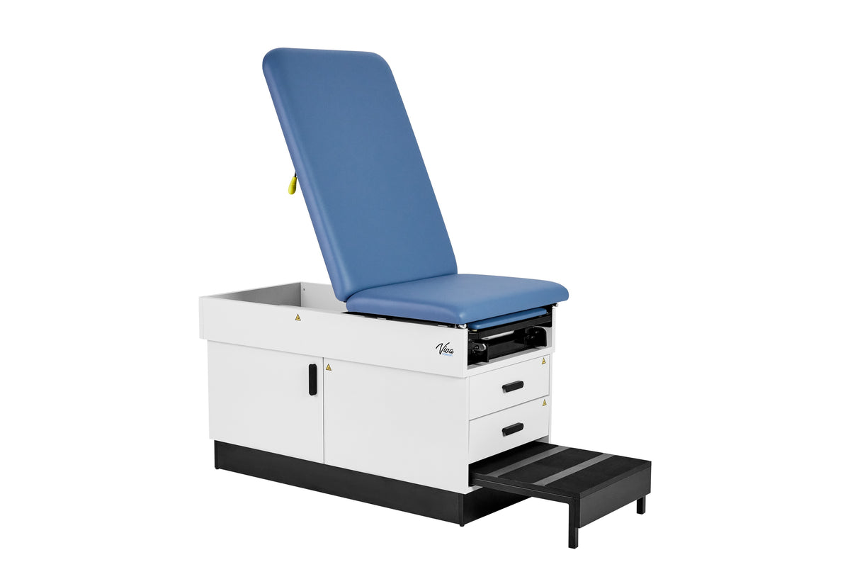 VivaComfort Slimline Exam Table Base with Leg Rest, Step Stool, and 2 Drawers, 420 lb Capacity, Blue