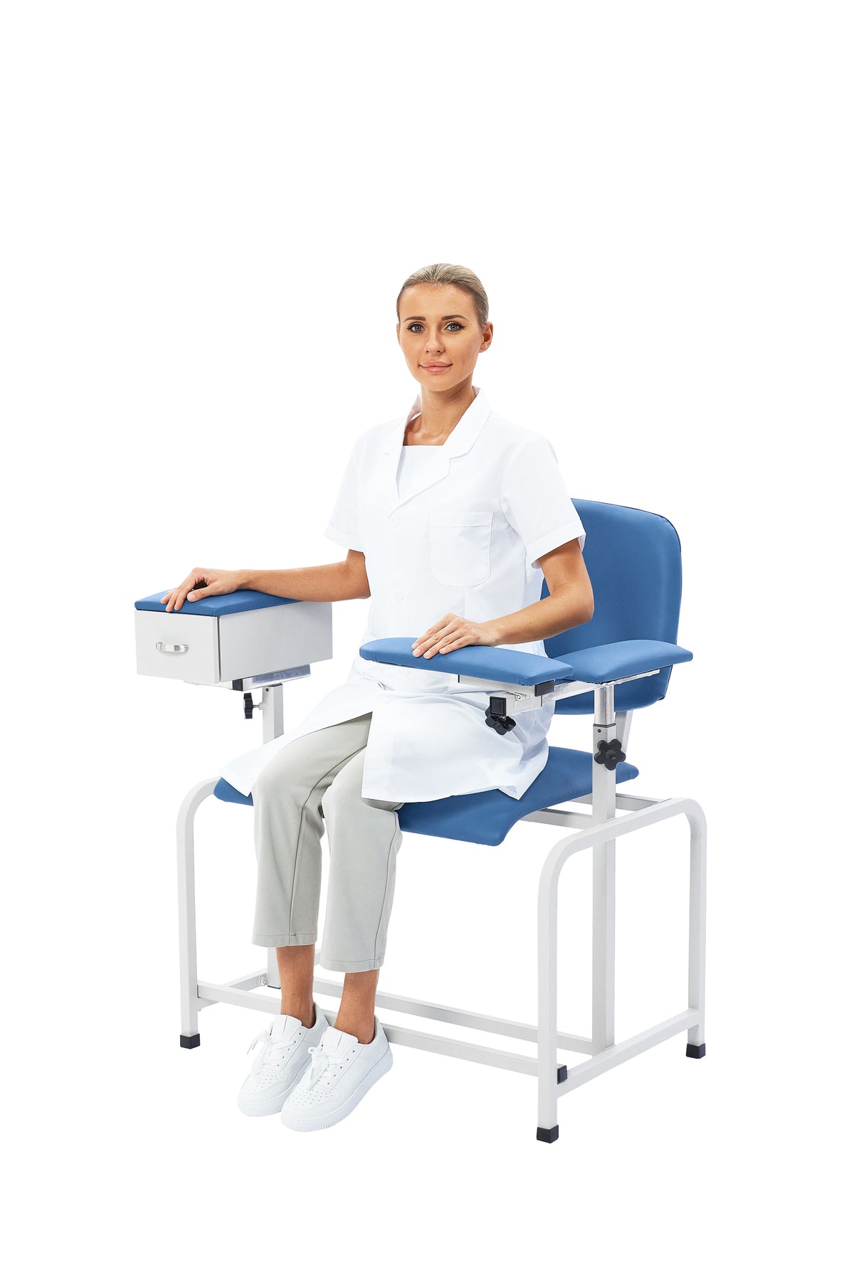 VivaComfort Antimicrobial Bariatric Padded Phlebotomy Blood Drawing Chair Drawer, Blue, 500 lb Capacity