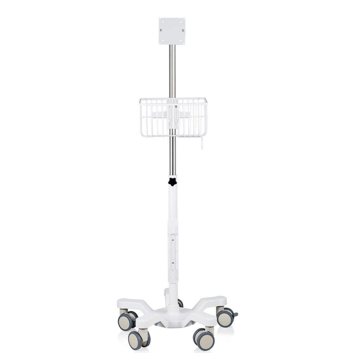 VivaComfort Adjustable Height Mobile Stand with Storage Basket for Welch Allyn 4400 Vital Signs Monitor, White
