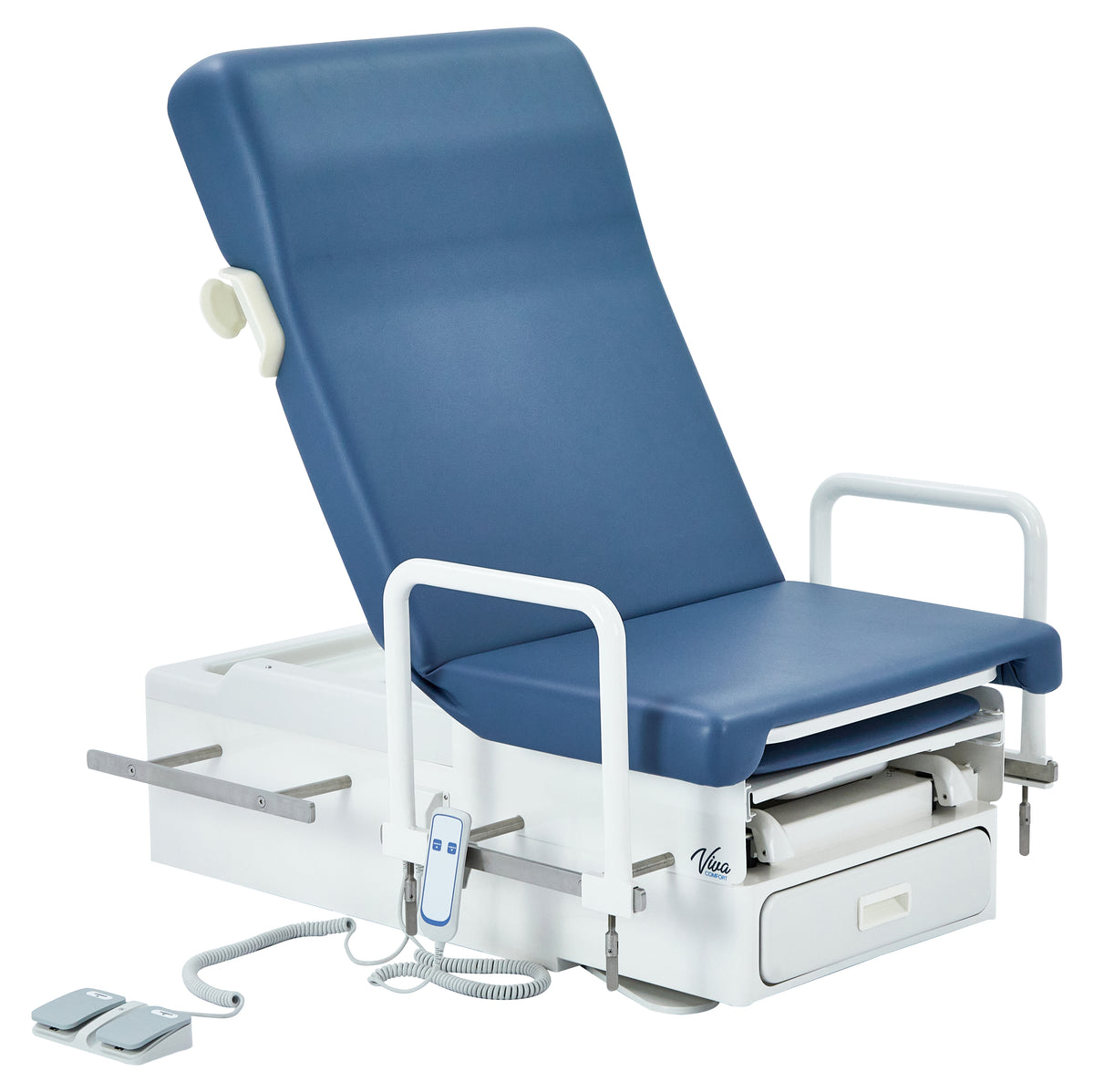 VivaComfort Pointe Power Height Adjustable Pelvic Tilt Exam Table with Stirrups, Storage, Paper Dispenser and Hand Rails