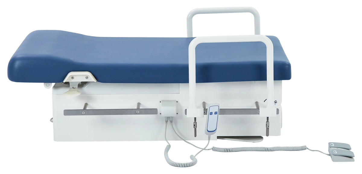 VivaComfort Pointe Power Height Adjustable Pelvic Tilt Exam Table with Stirrups, Storage, Paper Dispenser and Hand Rails
