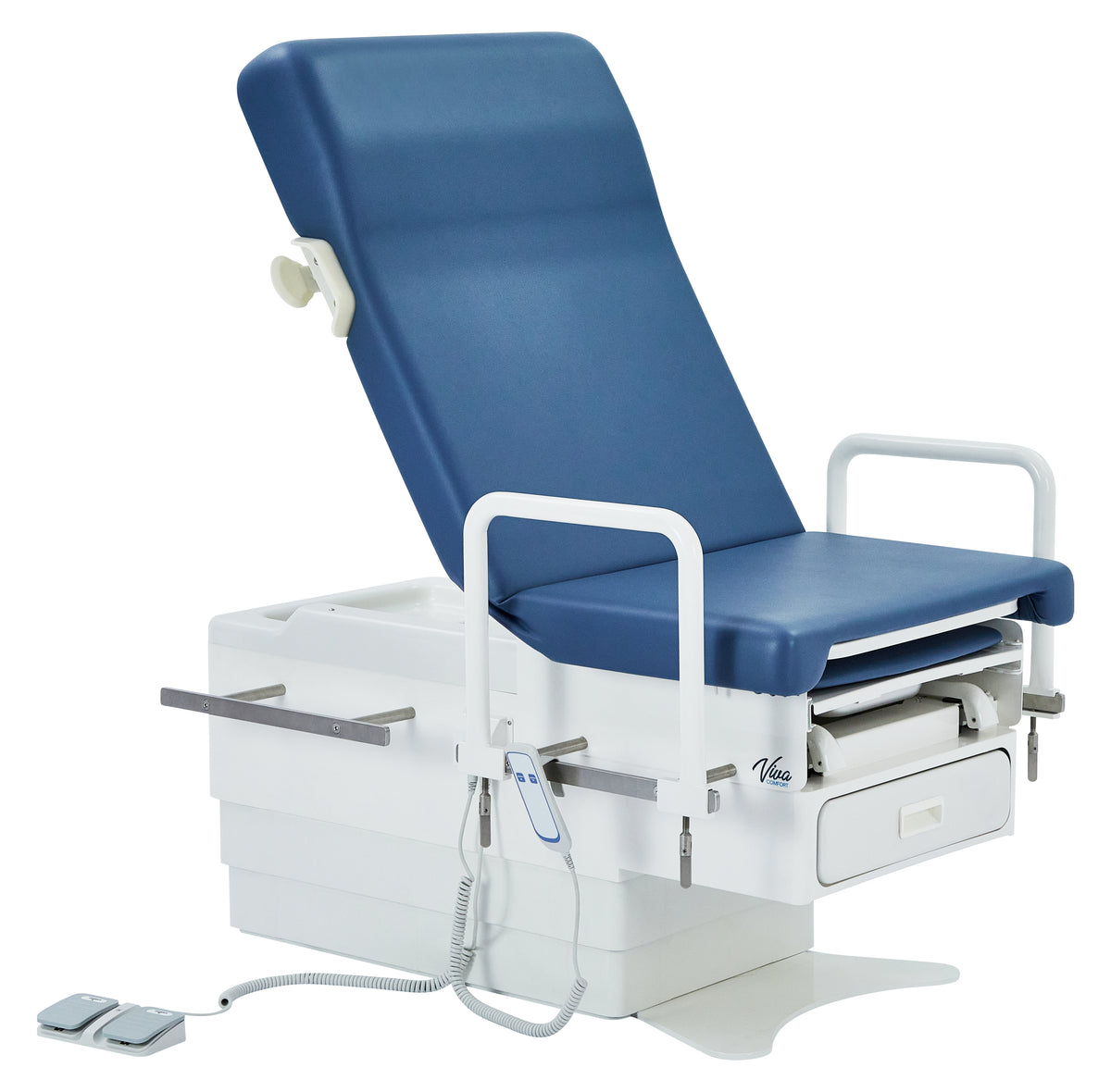 VivaComfort Pointe Power Height Adjustable Pelvic Tilt Exam Table with Stirrups, Storage, Paper Dispenser and Hand Rails