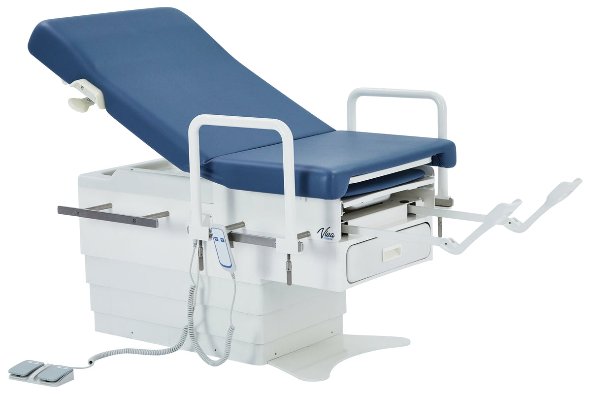 VivaComfort Pointe Power Height Adjustable Pelvic Tilt Exam Table with Stirrups, Storage, Paper Dispenser and Hand Rails