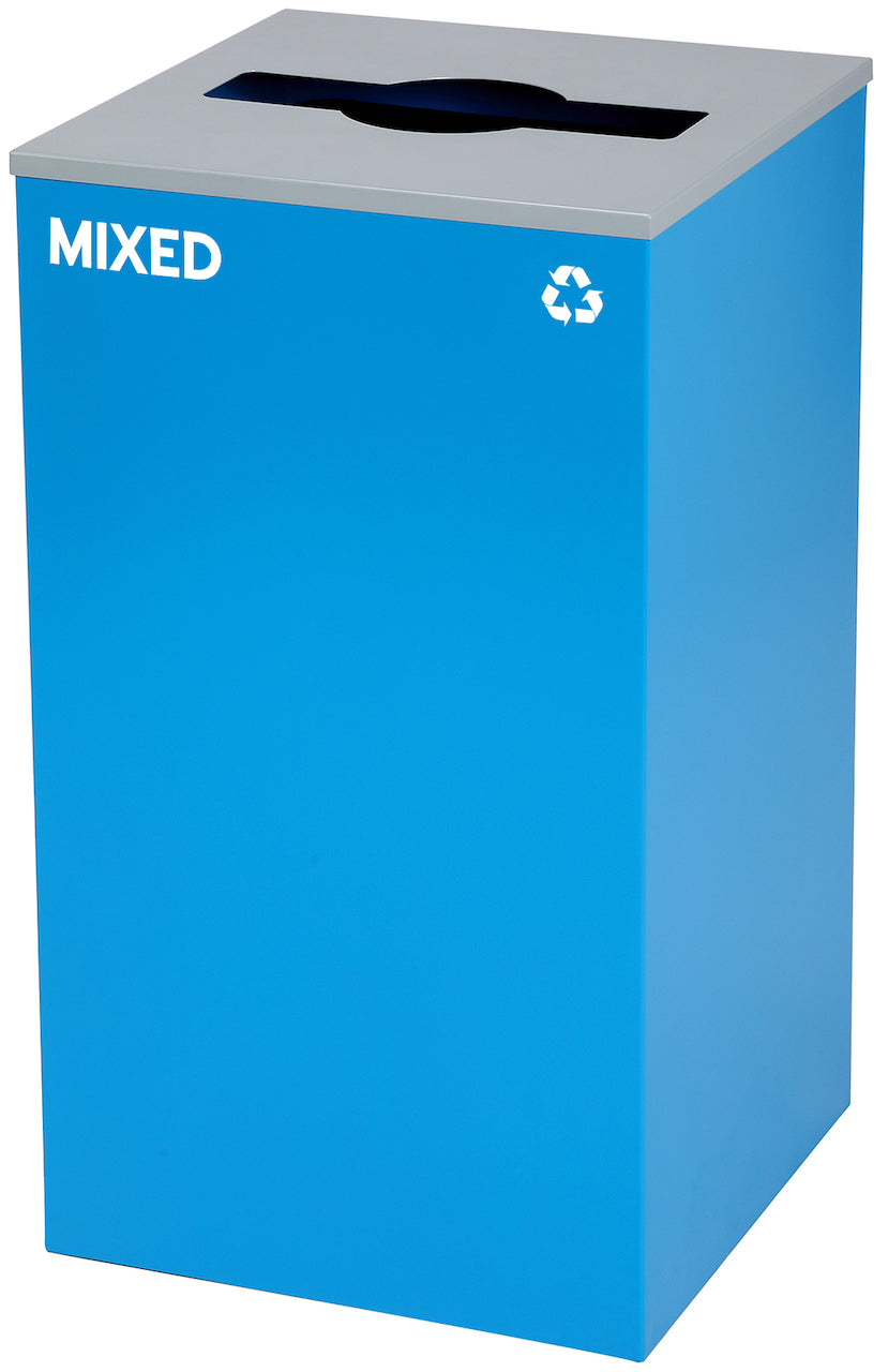 Square Recycling Bin – 29 Gallons - Blue Can, Mixed Opening Lid,