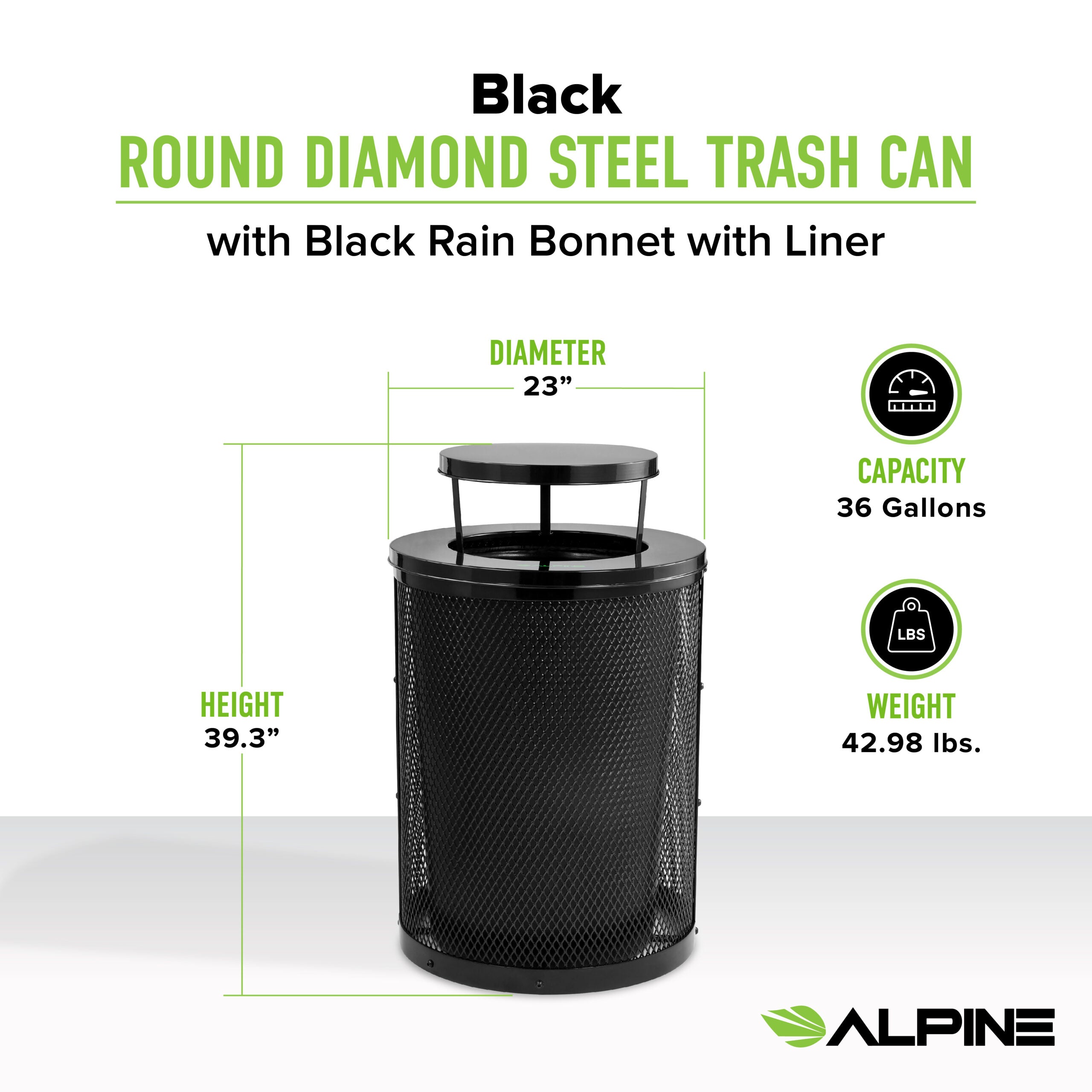 Alpine Industries Outdoor Diamond Steel Trash Can With Rain Bonnet