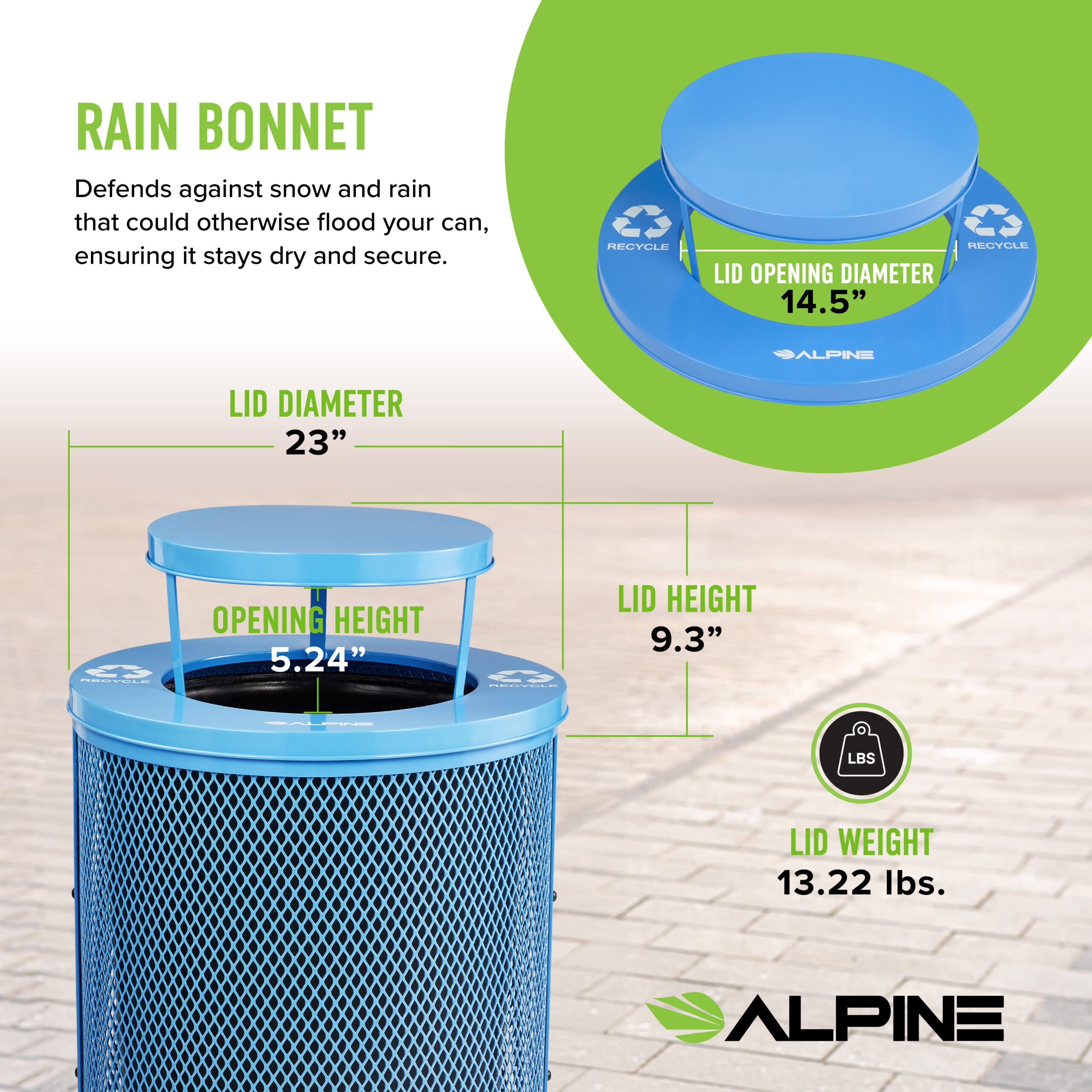 Alpine Industries Outdoor Diamond Steel Trash Can With Rain Bonnet