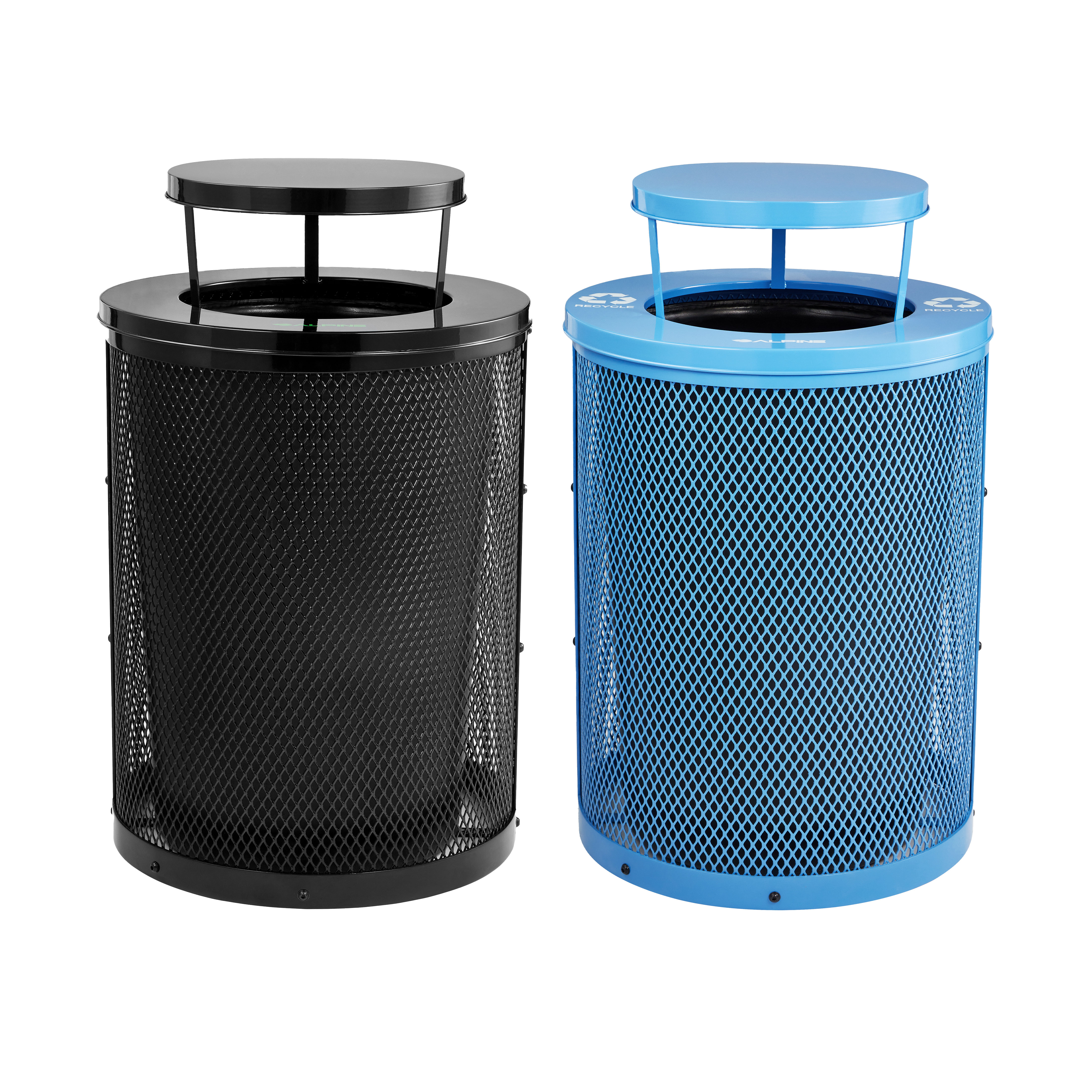 Black Round Diamond Steel Trash Can with Black Rain Bonnet and Blue Diamond Steel Trash Can with Blue Rain Bonnet and 2 Liners Main image
