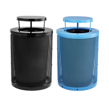 Black Round Diamond Steel Trash Can with Black Rain Bonnet and Blue Diamond Steel Trash Can with Blue Rain Bonnet and 2 Liners