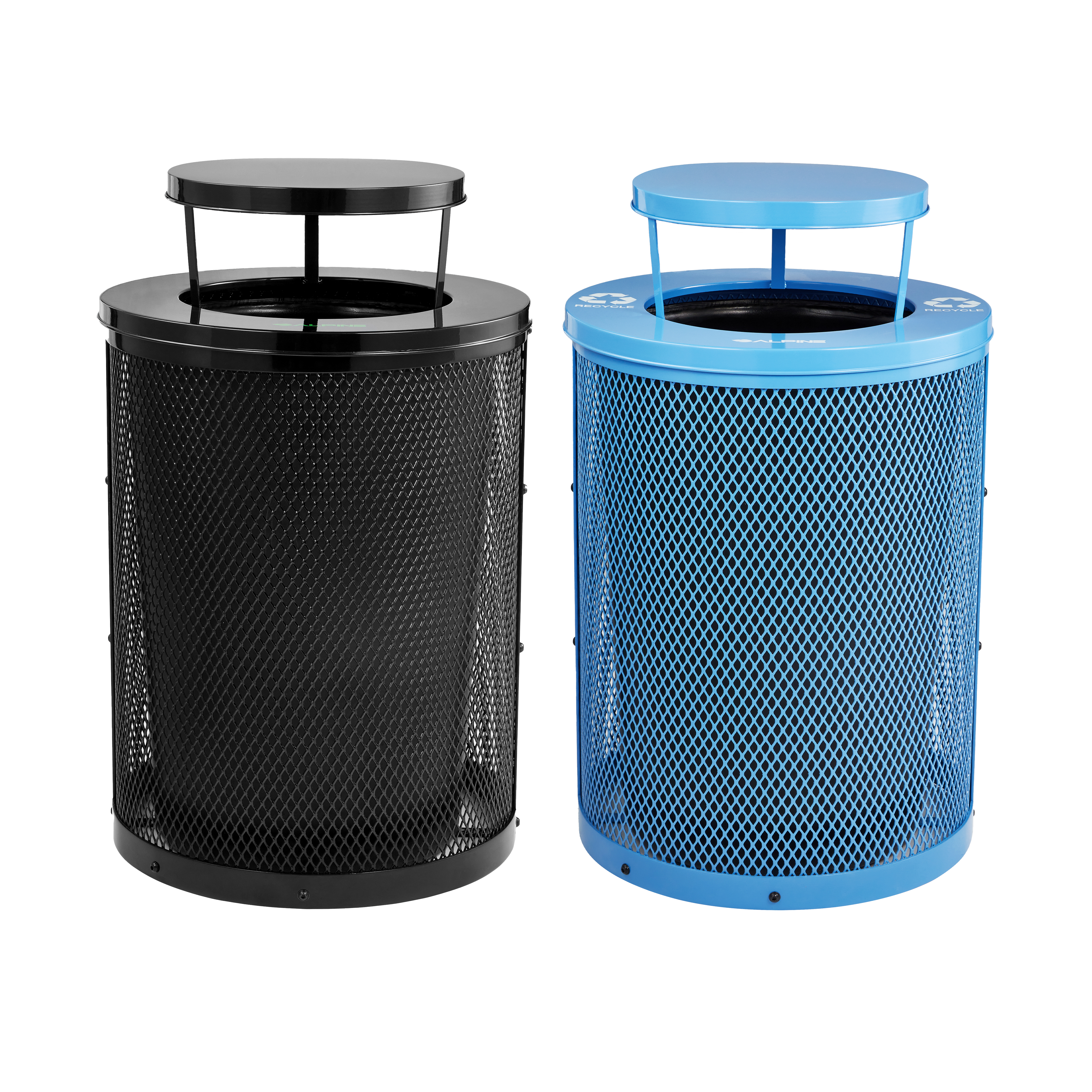 Black Round Diamond Steel Trash Can with Black Rain Bonnet and Blue Diamond Steel Trash Can with Blue Rain Bonnet and 2 Liners