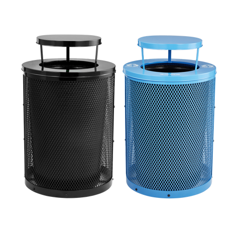 Alpine Black Round Diamond Steel Trash Can with Black Rain Bonnet and Blue Diamond Steel Trash Can with Blue Rain
