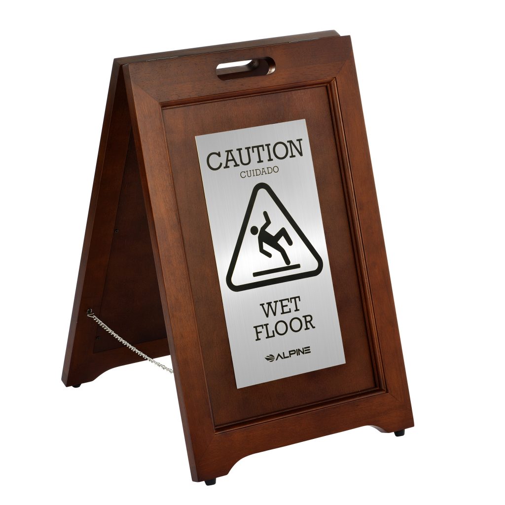 Alpine Industries 24 in. 2-Sided Stainless Steel Plated Wooden Bilingual Wet Floor Sign, Dark Brown