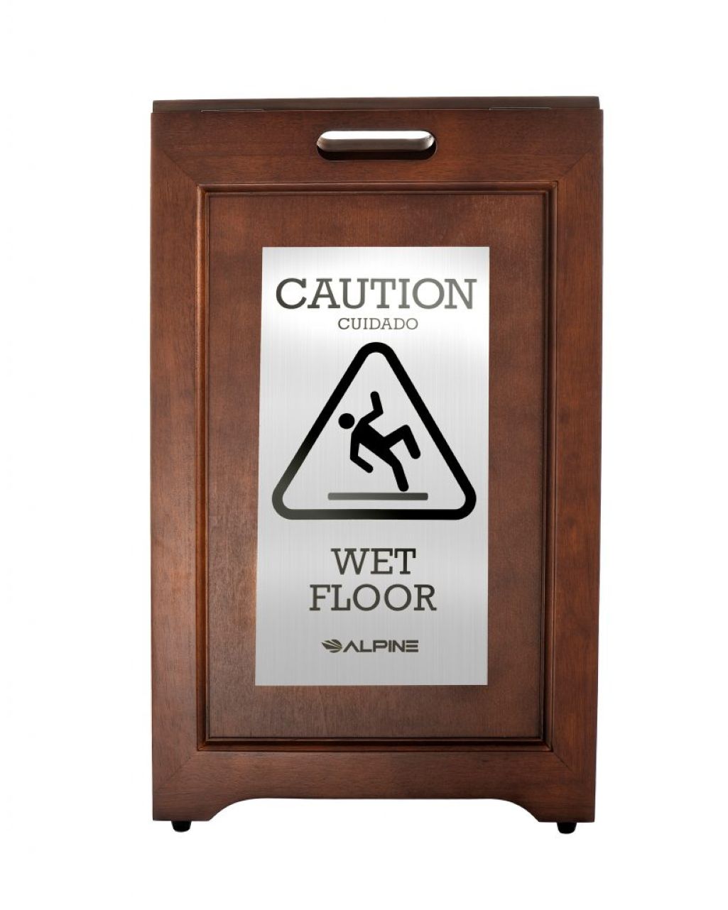 Alpine Industries 24 in. 2-Sided Stainless Steel Plated Wooden Bilingual Wet Floor Sign, Dark Brown
