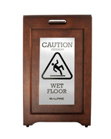 Alpine Industries 24 in. 2-Sided Stainless Steel Plated Wooden Bilingual Wet Floor Sign, Dark Brown