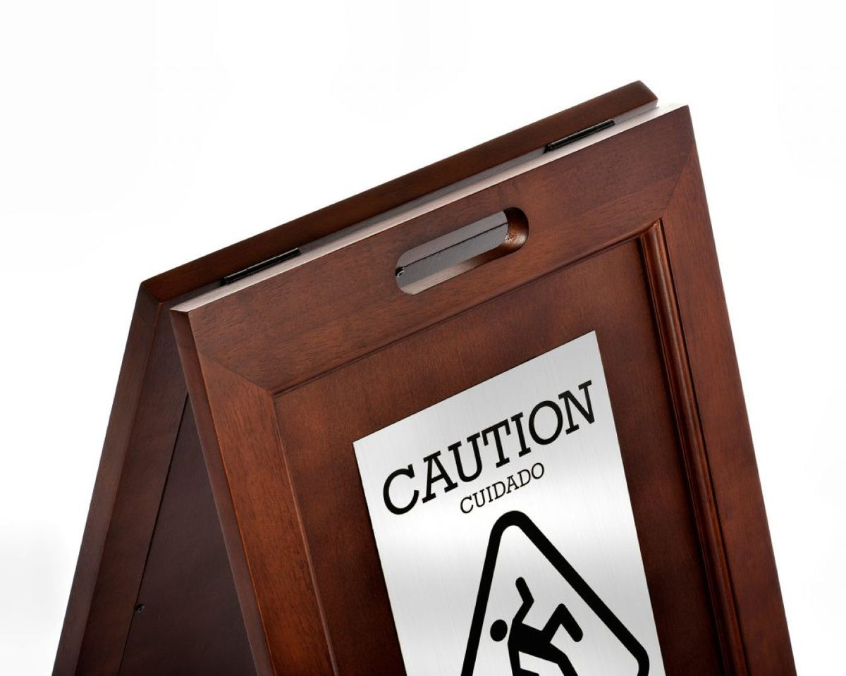 Alpine Industries 24 in. 2-Sided Stainless Steel Plated Wooden Bilingual Wet Floor Sign, Dark Brown