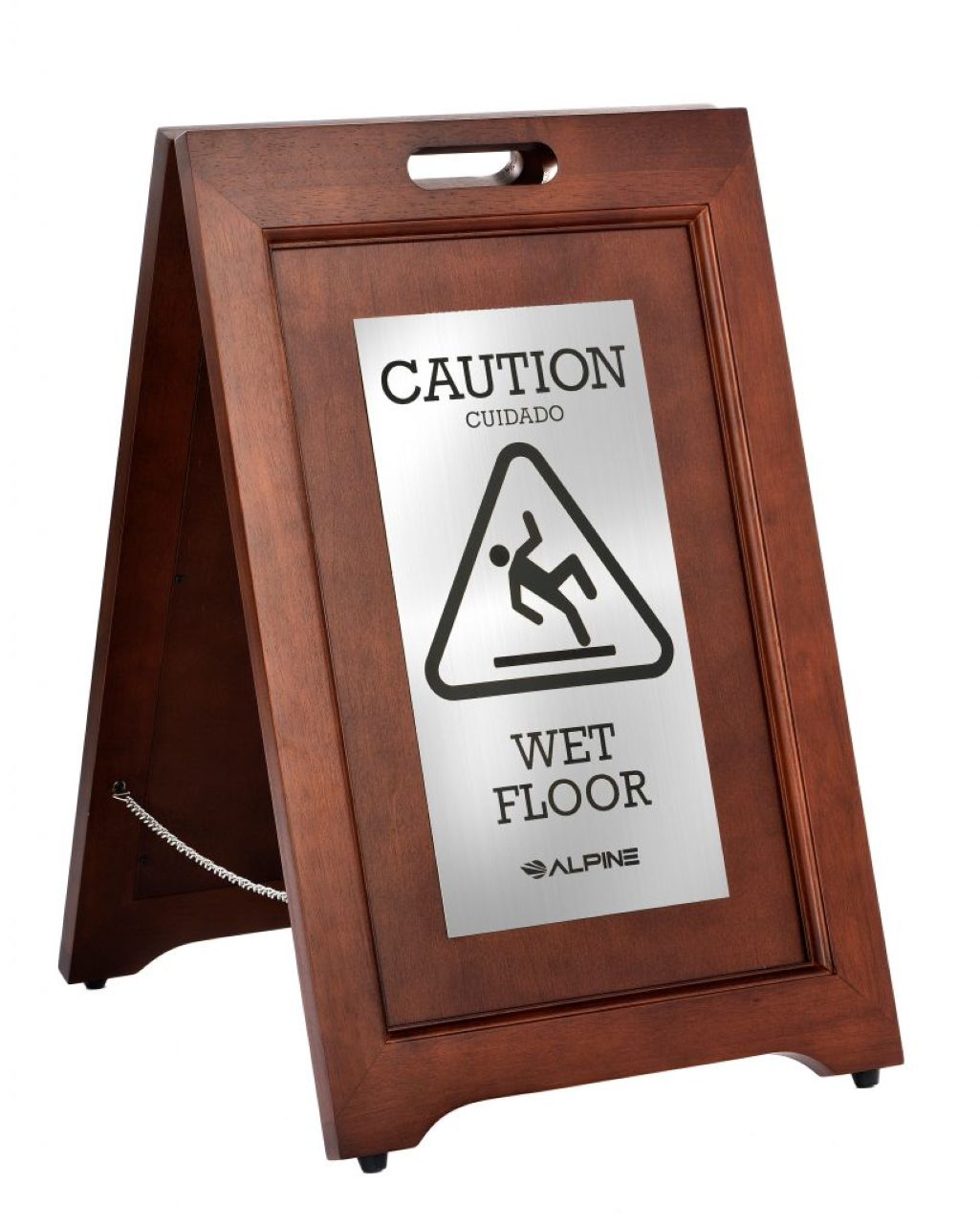 Alpine Industries 24 in. 2-Sided Stainless Steel Plated Wooden Bilingual Wet Floor Sign, Dark Brown