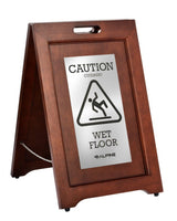 Alpine Industries 24 in. 2-Sided Stainless Steel Plated Wooden Bilingual Wet Floor Sign, Dark Brown