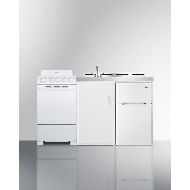 Accucold All-in-one combination kitchenette with refrigerator-freezer, sink, storage cabinet, and gas range (Model