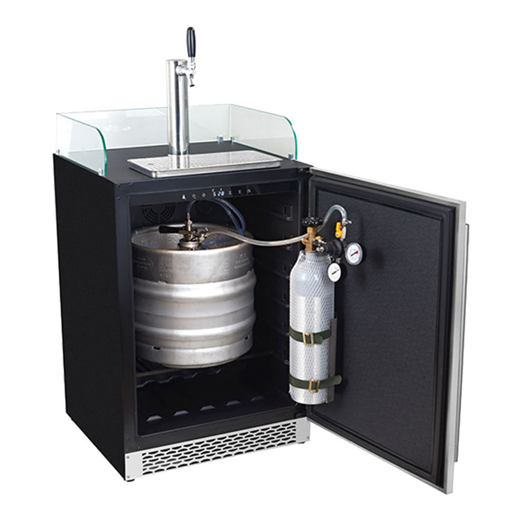 Freestanding dual tap residential beer dispenser, auto defrost w/digital thermostat, SS wrapped door, towel bar handle,