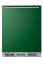 ADA height 24" refrigerator-freezer for residential use with emerald green door, stainless steel handle, and white cabin