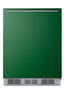 ADA height 24" refrigerator-freezer for residential use with emerald green door, stainless steel handle, and white cabin
