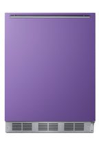 ADA height 24"  refrigerator-freezer for residential use with lavender purple door, stainless steel handle, and white ca