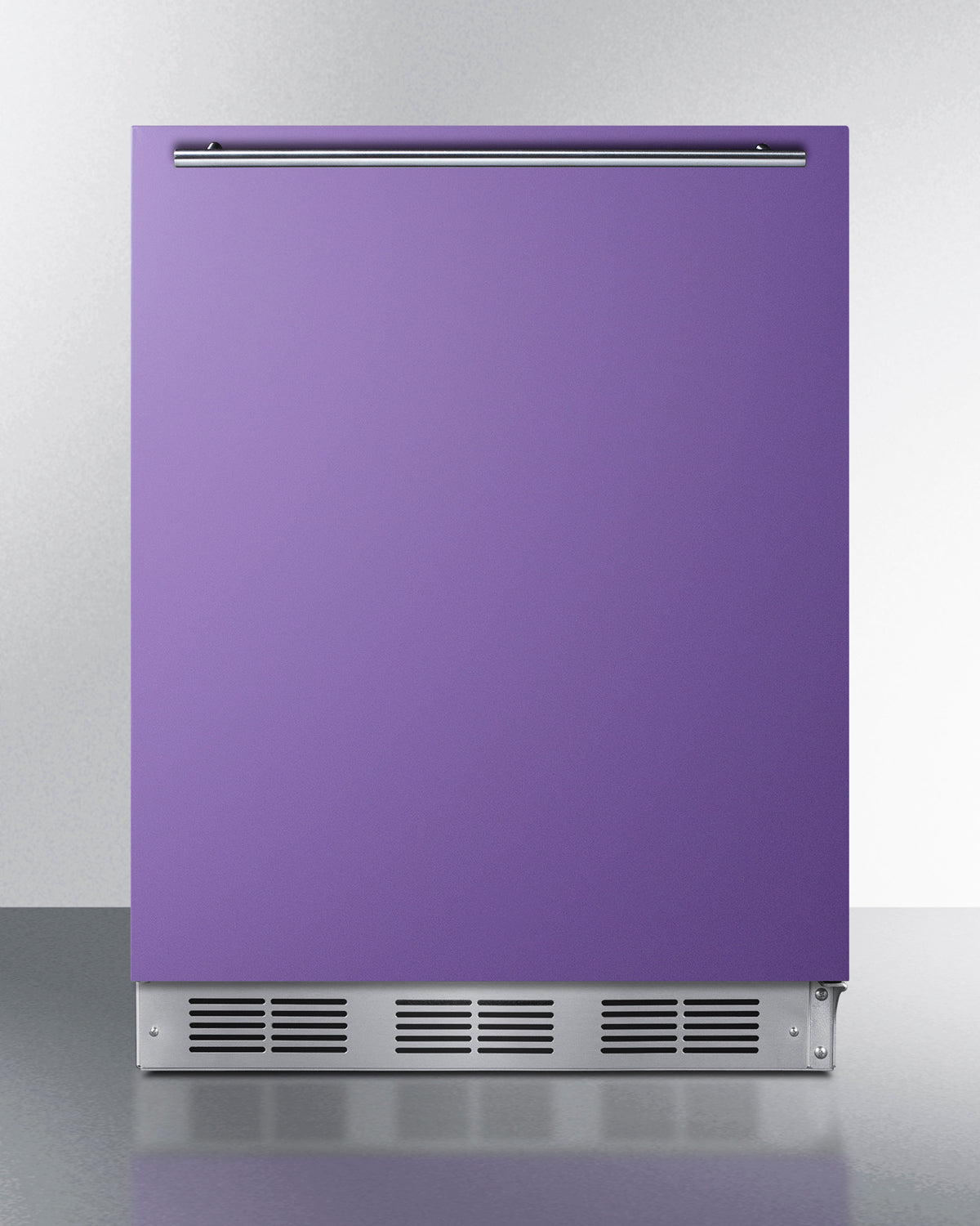 ADA height 24"  refrigerator-freezer for residential use with lavender purple door, stainless steel handle, and black ca