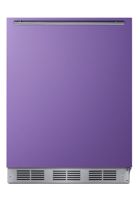ADA height 24"  refrigerator-freezer for residential use with lavender purple door, stainless steel handle, and black ca