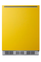 ADA height 24" refrigerator-freezer for residential use with saffron gold door, stainless steel handle, and black cabine