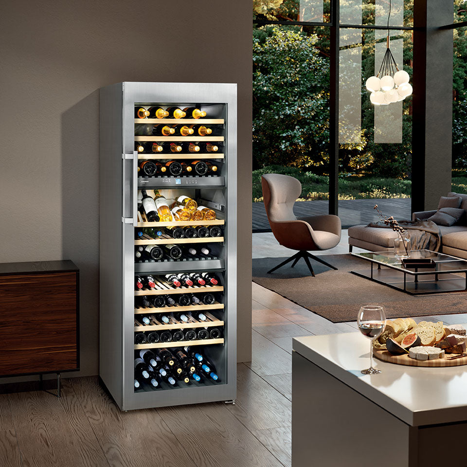 Commercially approved triple zone wine cellar for built-in or freestanding use with seamless stainless steel door and fu