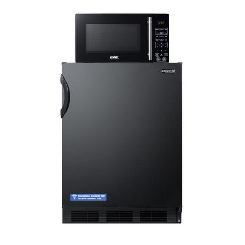 Accucold Counter height refrigerator-freezer and compact microwave in black with allocator and USB ports for 1-plug