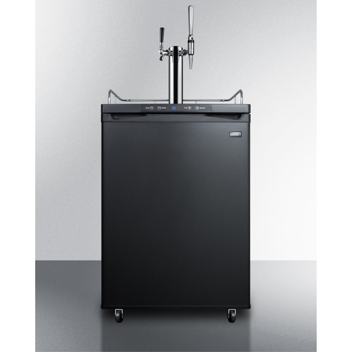 Accucold Dual tap coffee dispenser in black, with a combination nitro/flat coffee tap kit in stainless steel (Model