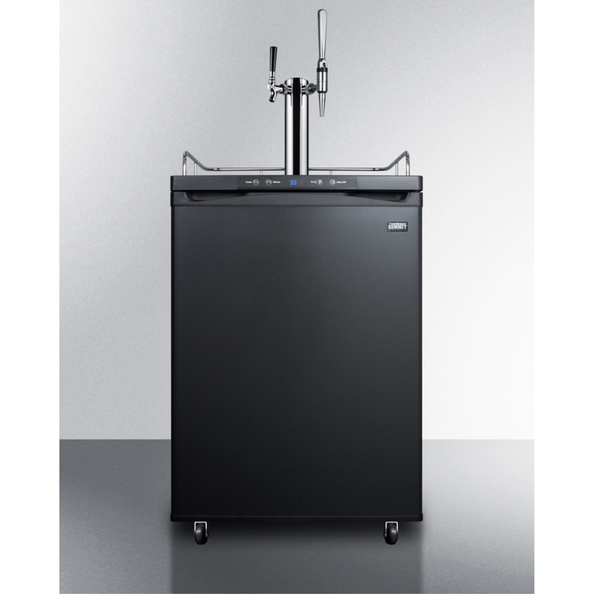 Dual tap coffee dispenser in black, with a combination nitro/flat coffee tap kit in stainless steel