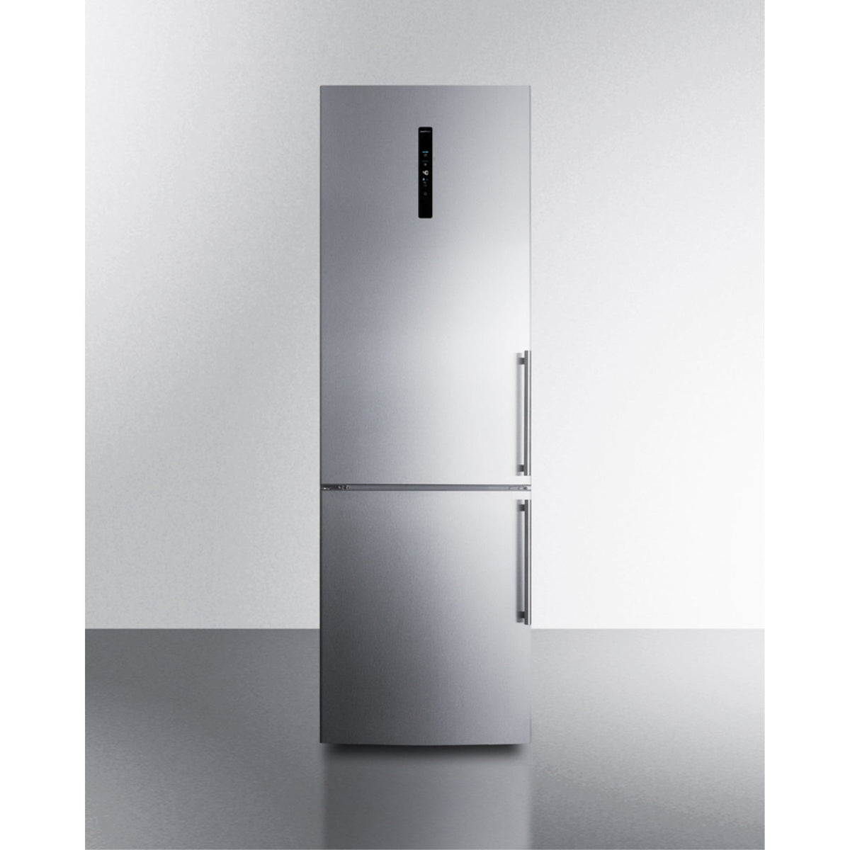Accucold European counter depth bottom freezer refrigerator with stainless steel doors, platinum cabinet, factory