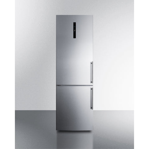 Accucold European counter depth bottom freezer refrigerator with stainless steel doors, platinum cabinet, factory