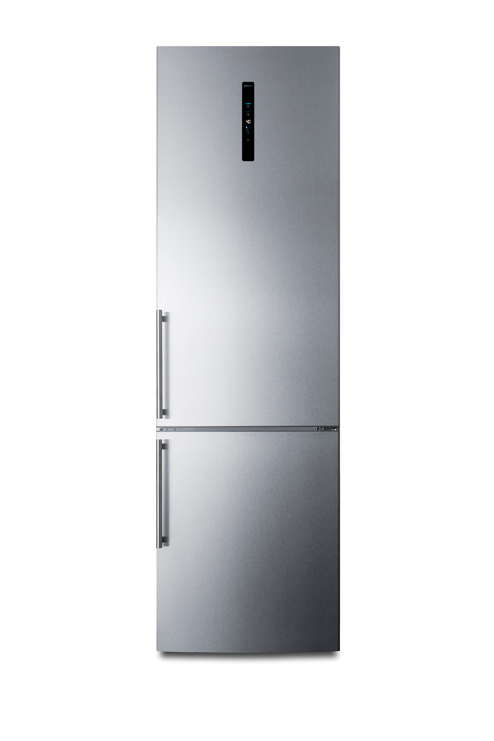 European counter depth bottom freezer refrigerator with icemaker, stainless steel doors, platinum cabinet, and digital c