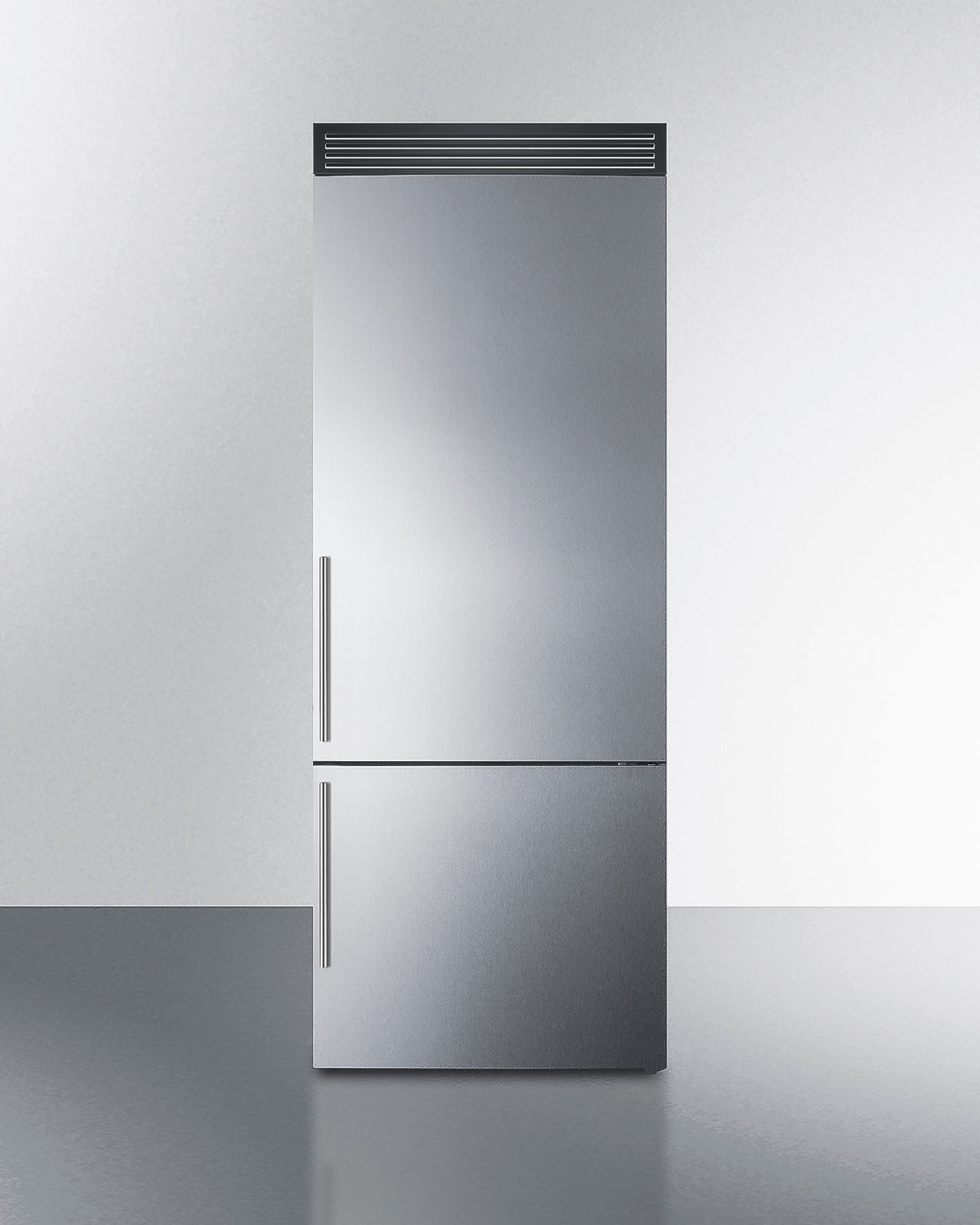 Frost-free bottom freezer refrigerator with factory-installed icemaker, handles, and grill to raise height to 72" Main image