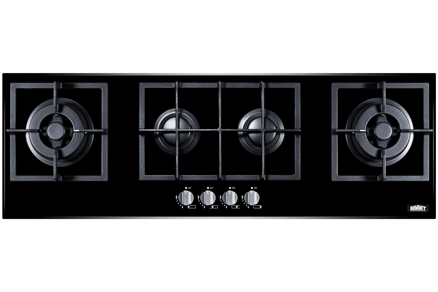 4-burner island gas-on-glass cooktop with sealed burners and cast iron grates