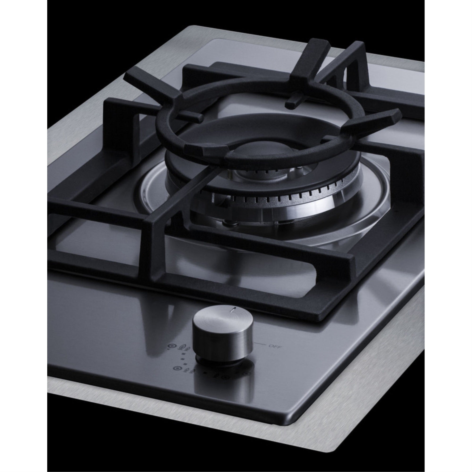 1-burner gas cooktop made in Italy in stainless steel with sealed dual flame burner, cast iron grates, and wok stand