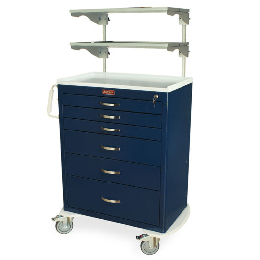 M-Series Tall Medical Equipment Cart with Height Adjustable Overhead Shelves, Six Drawers, Key Lock, MDS3030K06+MD30-ADJSHLF2-XBAR