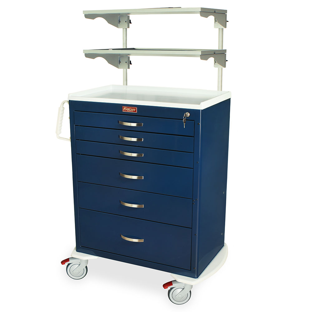 M-Series Tall Medical Equipment Cart with Height Adjustable Overhead Shelves, Six Drawers, Key Lock, MDS3030K06+MD30-ADJSHLF2-XBAR Main image