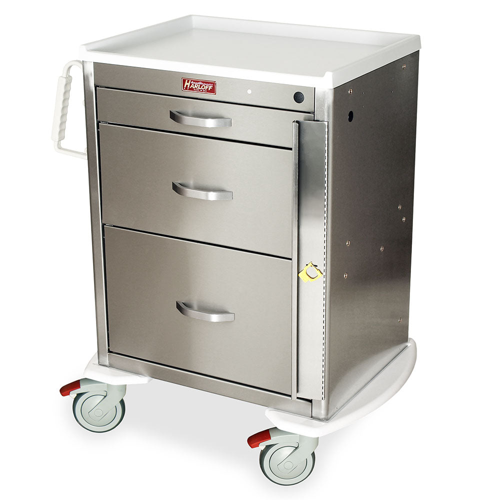 M-Series Stainless Steel Utility Cart, Short Height, Medium Width, Three Drawers, Breakaway Lock, MDSS2424B13