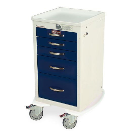 A-Series Lightweight Aluminum Narrow Medical Cart, Short Height, Mini Width, Five Drawers, Electronic Keypad Lock, MPA1824EKC05