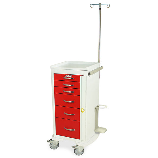 A-Series Narrow Aluminum Crash Cart with MD18-EMG Accessories Package, Tall Height, Six Drawers, Breakaway Lock, MPA1830B06+MD18-EMG