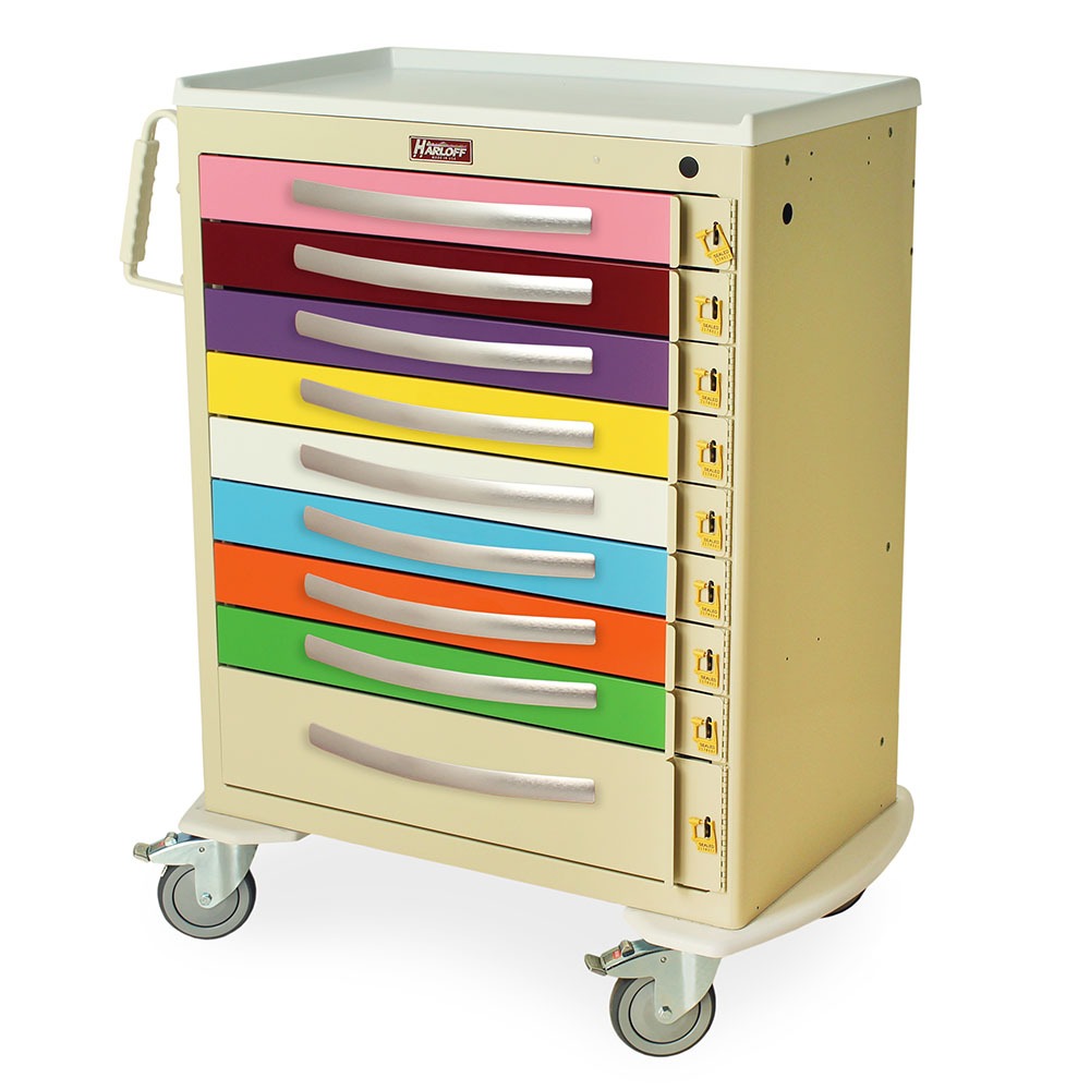 A-Series Lightweight Pediatric Cart, Tall Height, Standard Width, Nine Drawers, Breakaway Locks