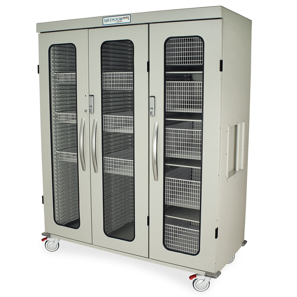 Triple Column Mobile Cabinet with three (3) Doors with tempered glass inserts, two electronic keypad locks, one for the 