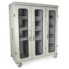 Triple Column Stationary Cabinet with three doors with tempered glass inserts, secured by two electronic keypad locks, o