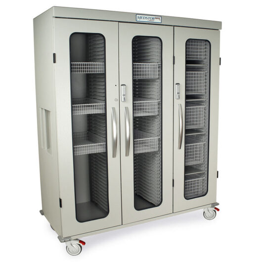 Harloff Triple Column Stationary Cabinet with three doors with tempered glass inserts, secured by two Proximity