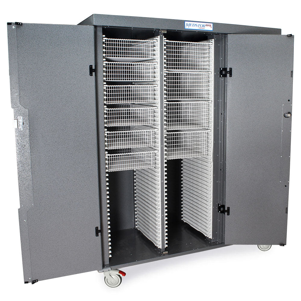 Triple Column Mobile Cabinet with Key Locking Solid Front Doors (3), on left is a single column with H+H panels; on rig